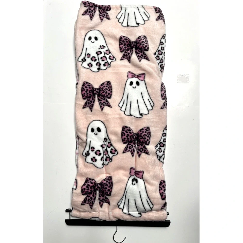 NWT Halloween Pink Ghost Plush Throw Blanket 60x70 Coquette Leopard Bow Soft